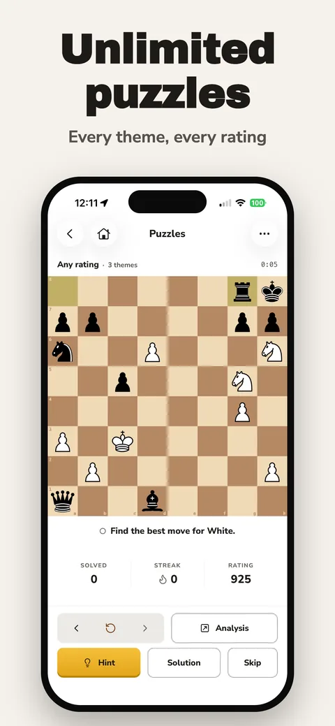 Unlimited puzzles in the Chess411 app